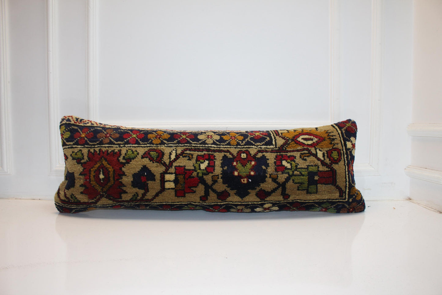 Vintage Tapestry Heritage Textile Lumbar Pillow 12x36 Sand & Navy Woven Statement Long Bench Cushion