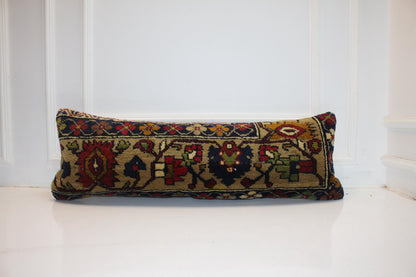 Vintage Tapestry Heritage Textile Lumbar Pillow 12x36 Sand & Navy Woven Statement Long Bench Cushion