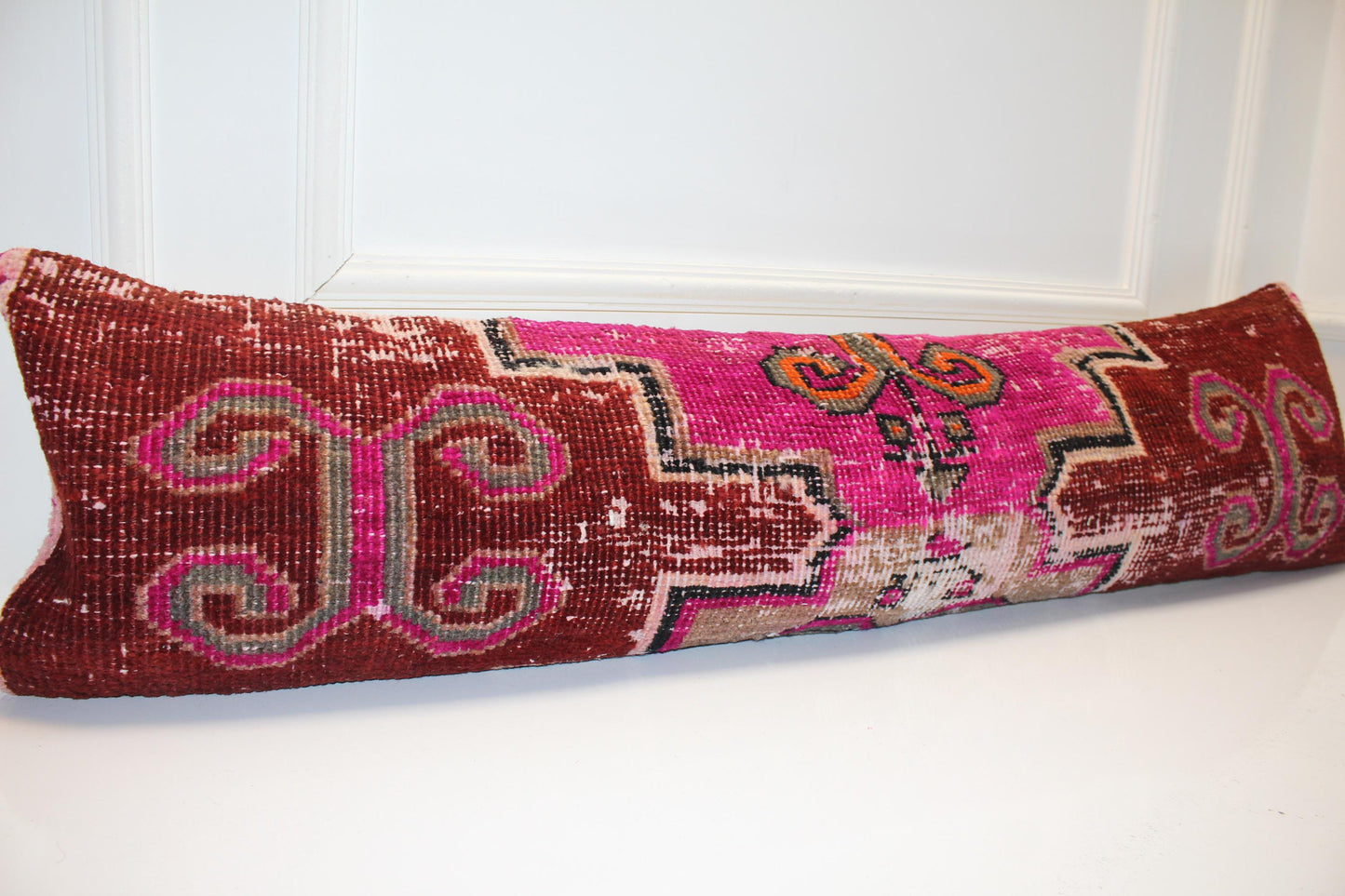 Fuchsia & Wine Tribal Textile Lumbar Pillow 12x48 Graphic Bohemian Woven Statement Long Bench Cushion