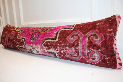 Fuchsia & Wine Tribal Textile Lumbar Pillow 12x48 Graphic Bohemian Woven Statement Long Bench Cushion