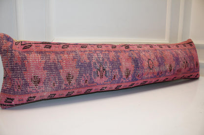 Sunset Pink & Lavender Ikat Textile Lumbar Pillow 12x36 Woven Boho Long Bench Cushion