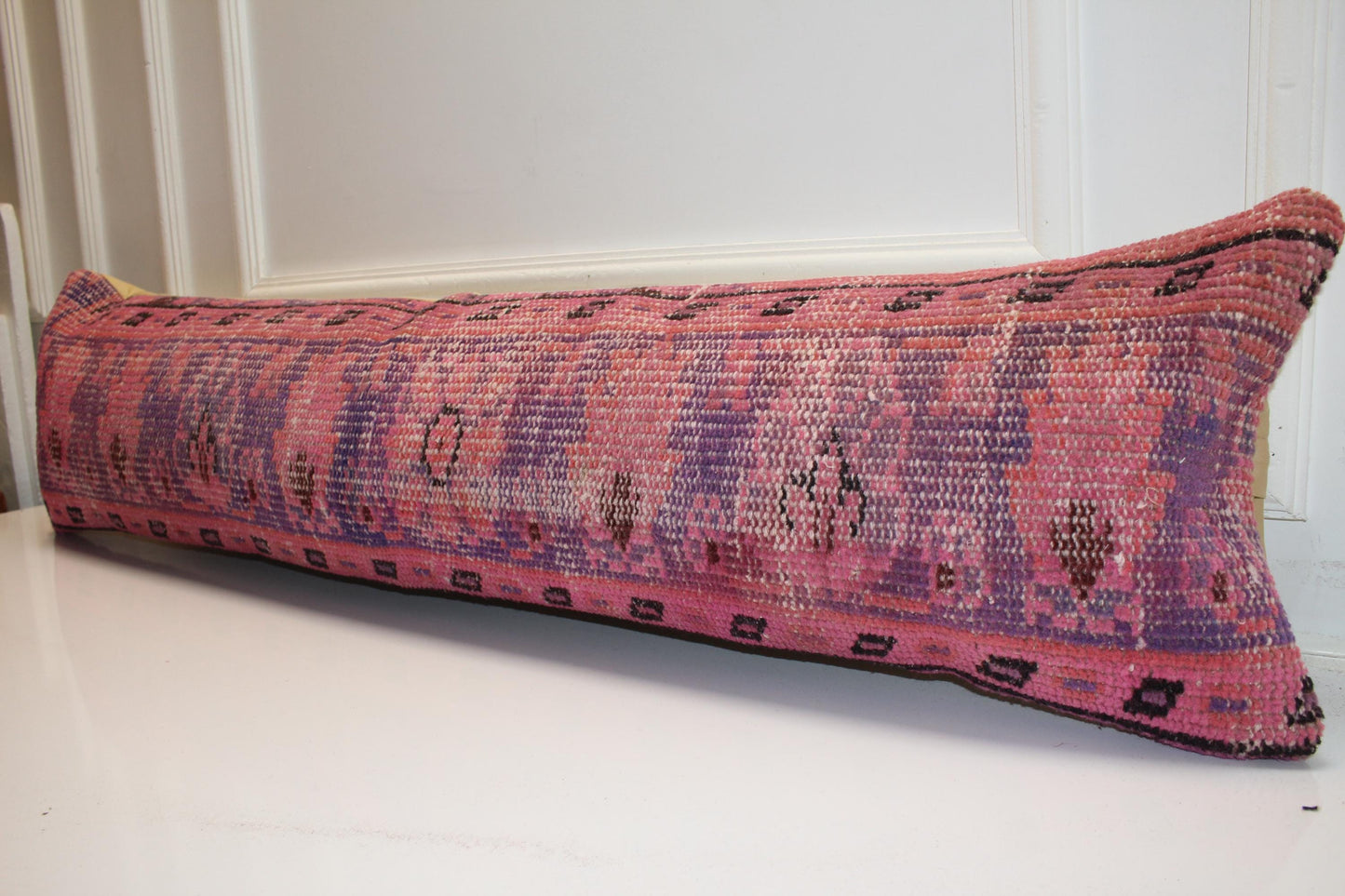 Sunset Pink & Lavender Ikat Textile Lumbar Pillow 12x36 Woven Boho Long Bench Cushion