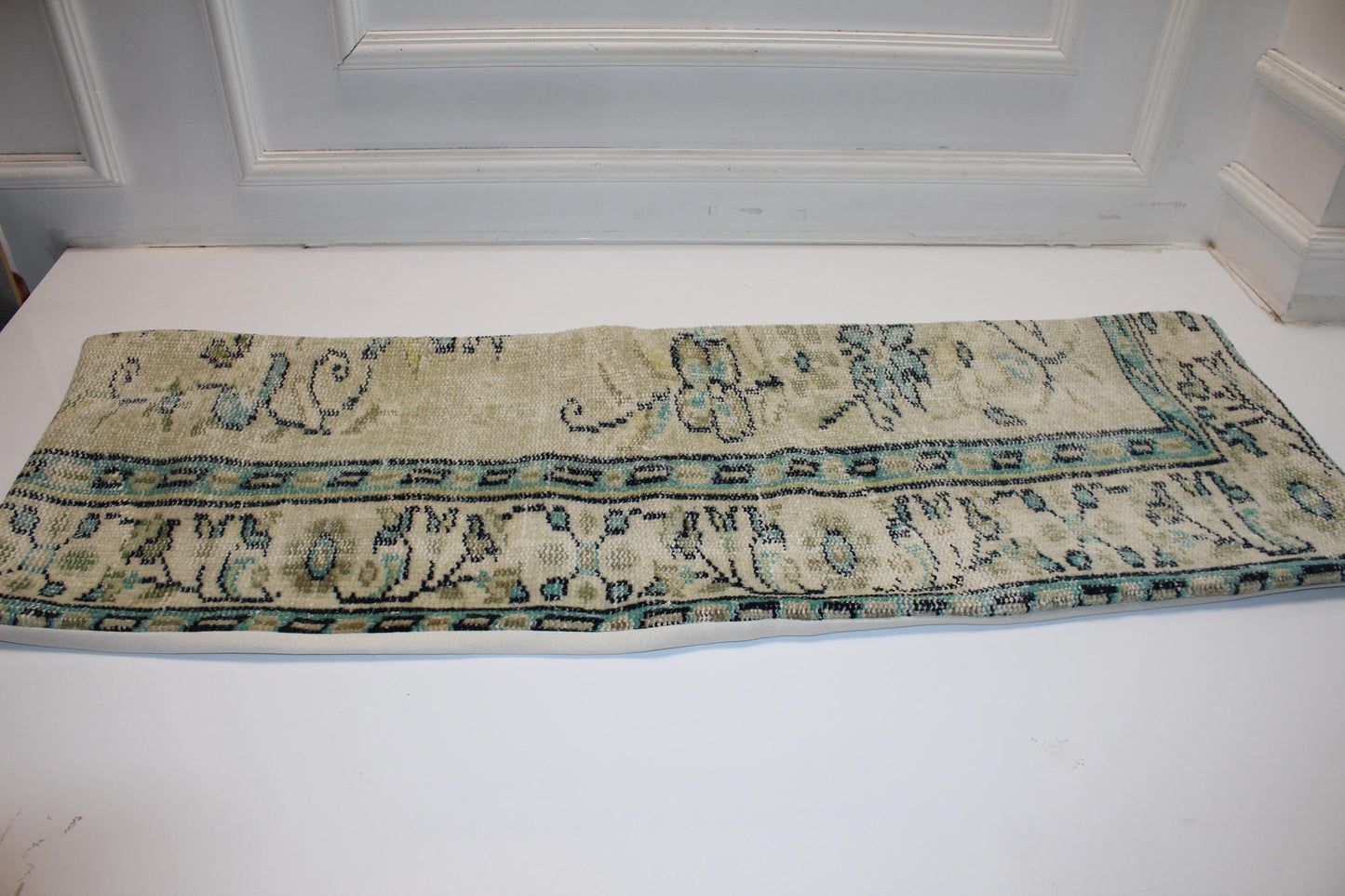 Vintage Turkish Kilim Bench Pillow Cover, Beige Turquoise Lumbar Cushion, 16x48 Anatolian Style