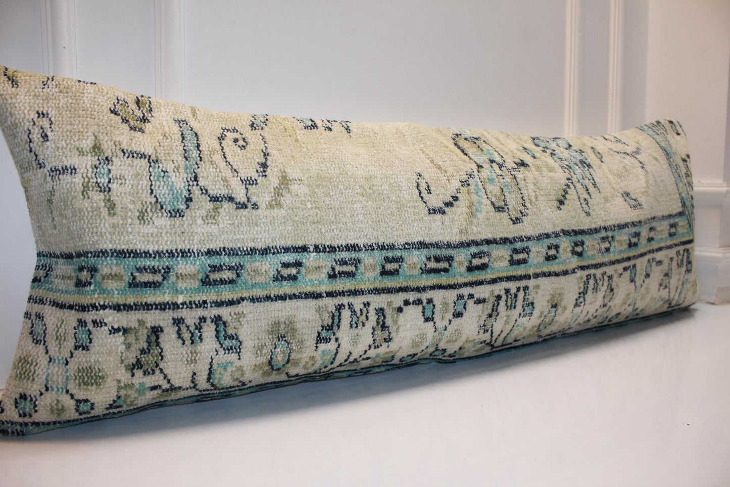 Vintage Turkish Kilim Bench Pillow Cover, Beige Turquoise Lumbar Cushion, 16x48 Anatolian Style