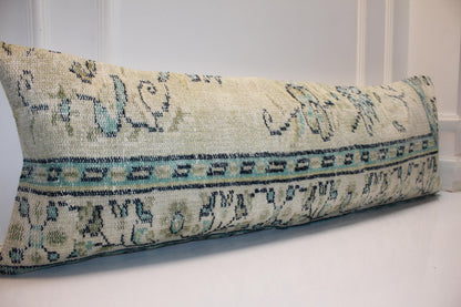 Vintage Turkish Kilim Bench Pillow Cover, Beige Turquoise Lumbar Cushion, 16x48 Anatolian Style