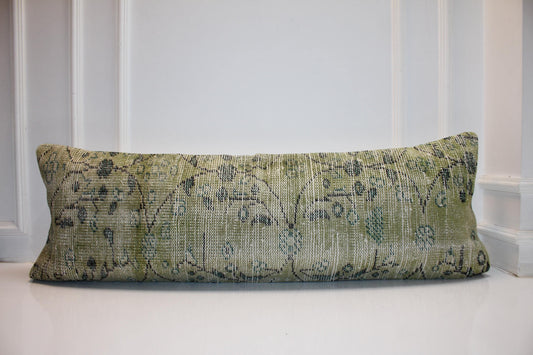 Vintage Kilim Lumbar Pillow, Olive Green Bench Cushion, Rustic Boho Decor