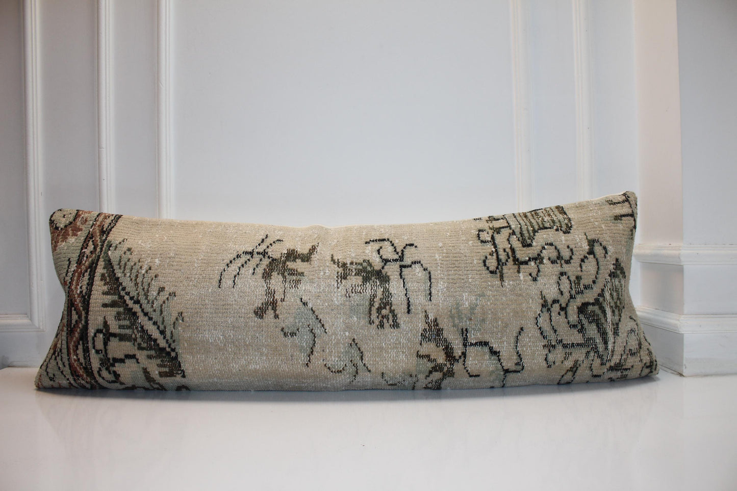 Vintage Turkish Kilim Lumbar Pillow, 16x48 Inch Bench Cushion, Boho Beige Anatolian Rug Pillow