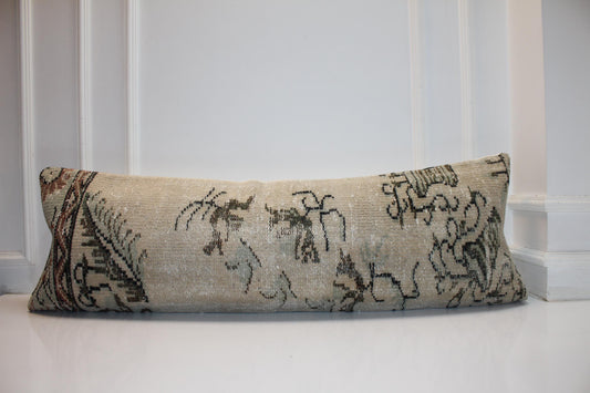 Vintage Turkish Kilim Lumbar Pillow, 16x48 Inch Bench Cushion, Boho Beige Anatolian Rug Pillow