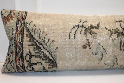 Vintage Turkish Kilim Lumbar Pillow, 16x48 Inch Bench Cushion, Boho Beige Anatolian Rug Pillow