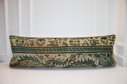 Vintage Turkish Kilim Bench Pillow Cover, 16x48 Lumbar Cushion, Forest Green Tribal