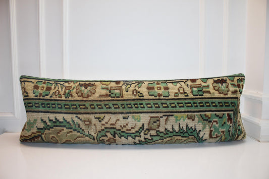 Vintage Turkish Kilim Bench Pillow Cover, 16x48 Lumbar Cushion, Forest Green Tribal