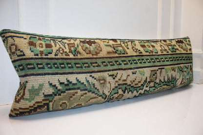Vintage Turkish Kilim Bench Pillow Cover, 16x48 Lumbar Cushion, Forest Green Tribal