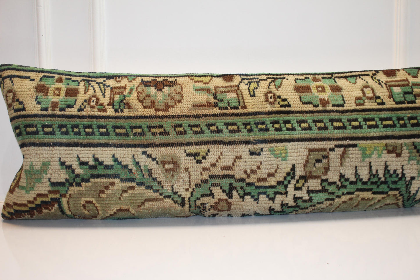 Vintage Turkish Kilim Bench Pillow Cover, 16x48 Lumbar Cushion, Forest Green Tribal