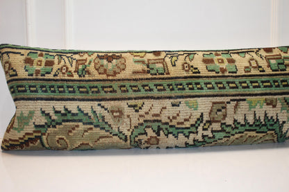 Vintage Turkish Kilim Bench Pillow Cover, 16x48 Lumbar Cushion, Forest Green Tribal