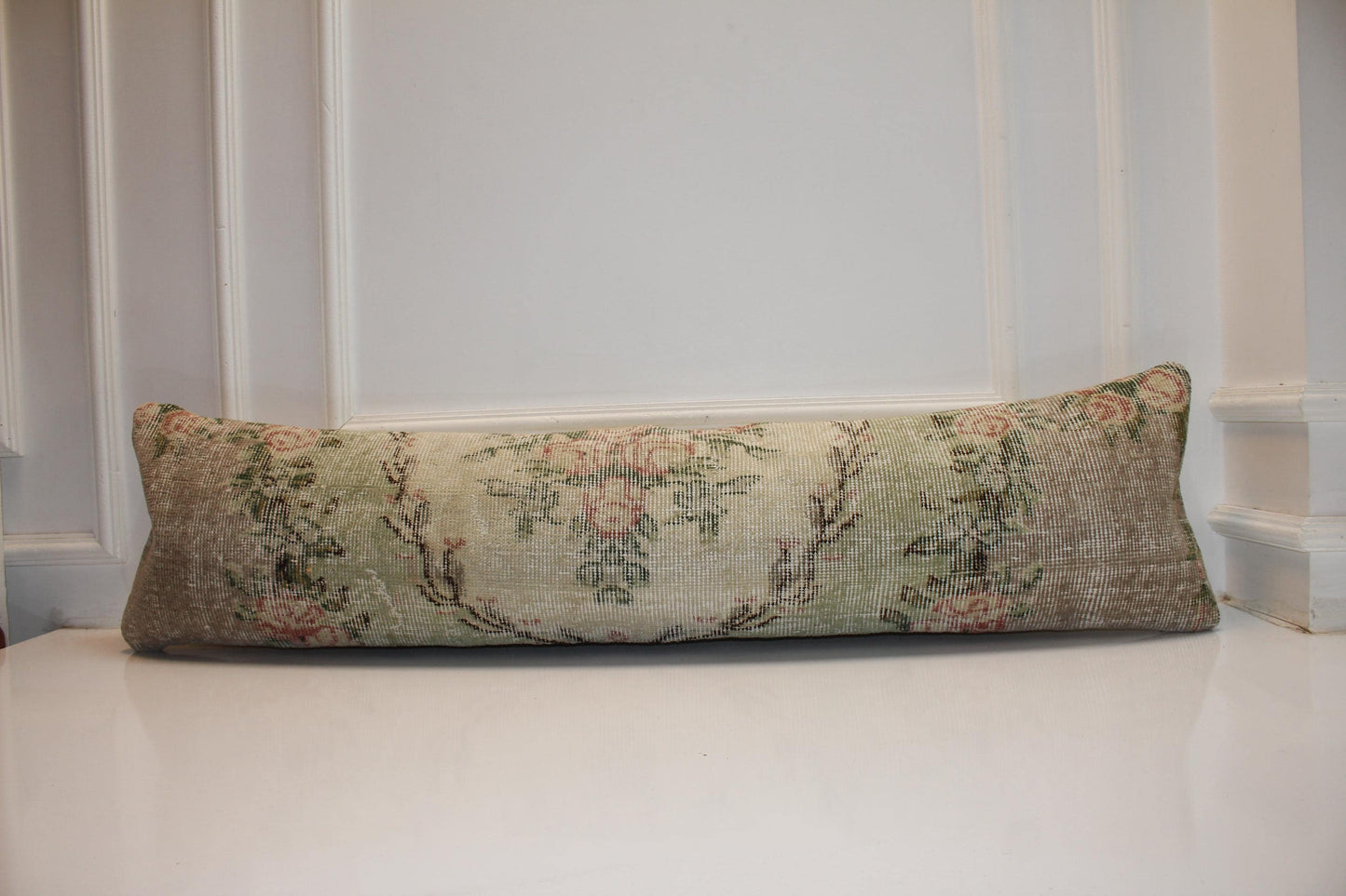 Vintage Turkish Kilim Bench Pillow Cover, Pastel Floral Lumbar Cushion (12x48 inches)