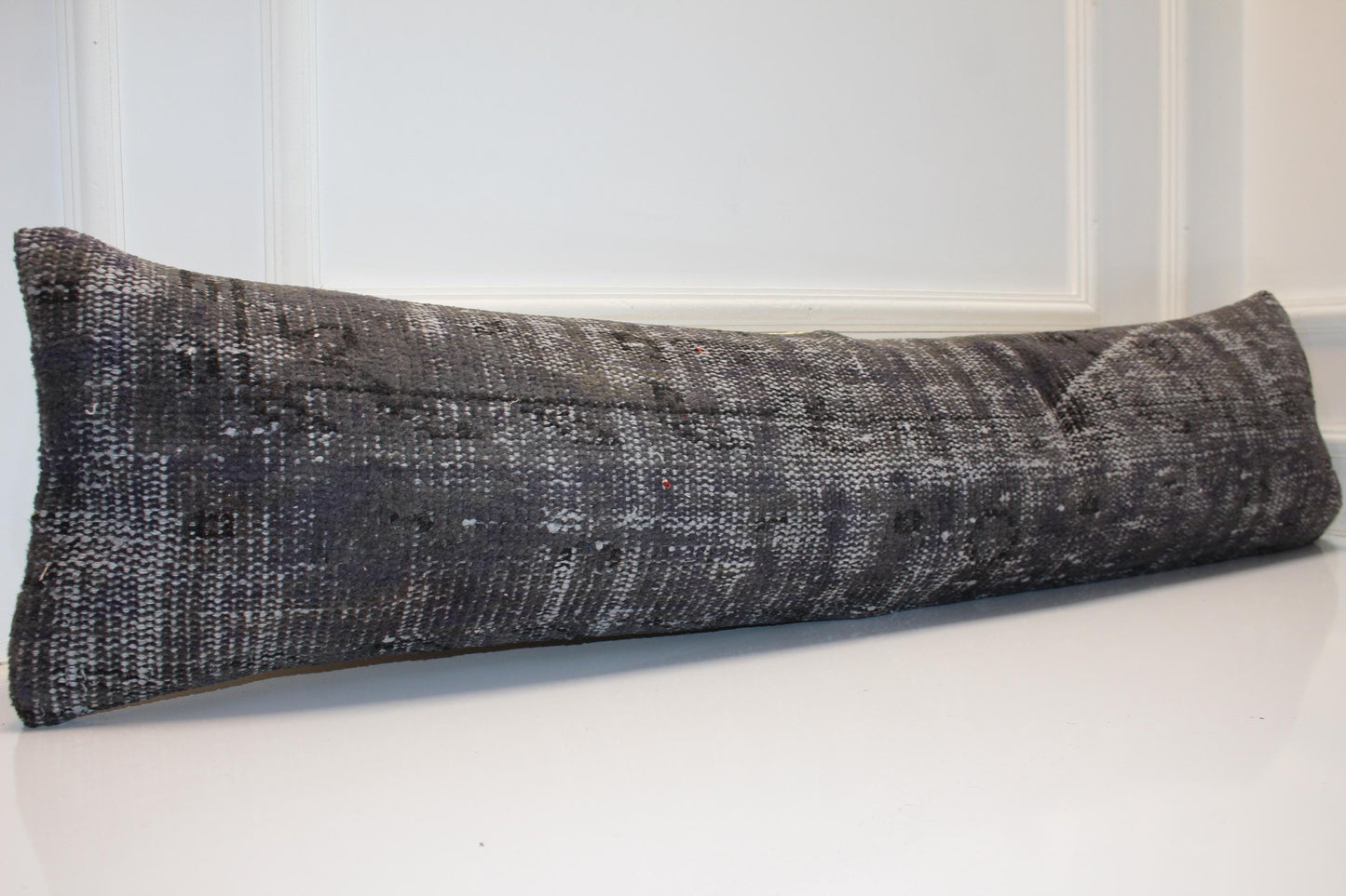Charcoal Kilim Pillow Cover, Vintage Turkish Rug Lumbar Cushion (12x48 inches)
