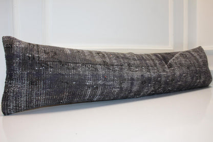 Charcoal Kilim Pillow Cover, Vintage Turkish Rug Lumbar Cushion (12x48 inches)