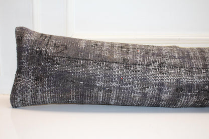 Charcoal Kilim Pillow Cover, Vintage Turkish Rug Lumbar Cushion (12x48 inches)