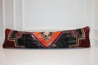 Bold Tribal Kilim Bench Pillow 12x48, Black Rust Vintage Rug Lumbar Cushion