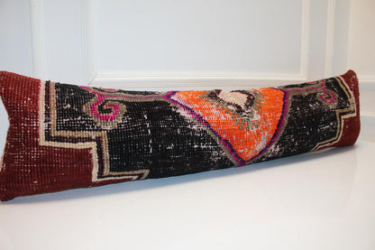 Bold Tribal Kilim Bench Pillow 12x48, Black Rust Vintage Rug Lumbar Cushion