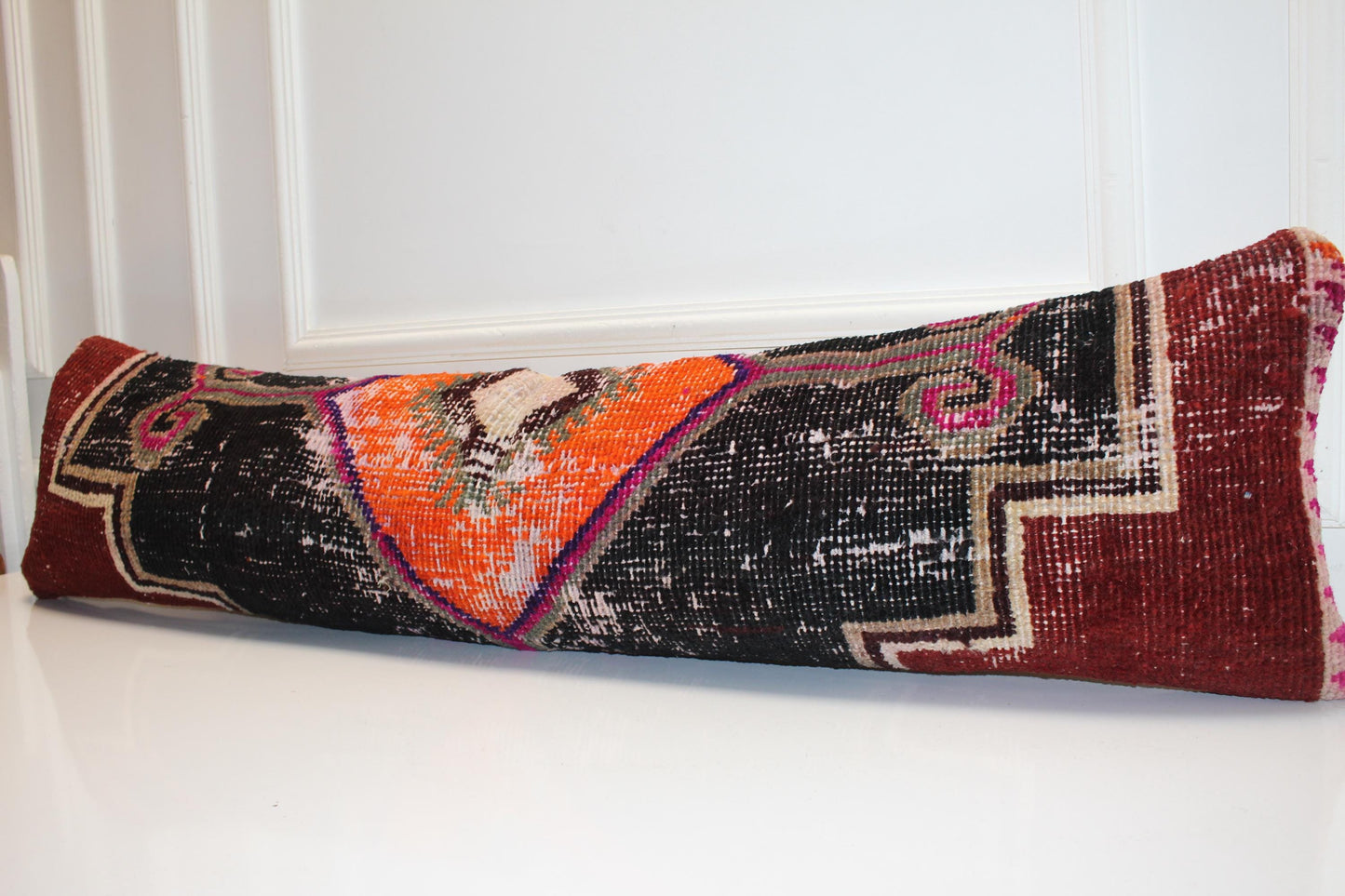 Bold Tribal Kilim Bench Pillow 12x48, Black Rust Vintage Rug Lumbar Cushion