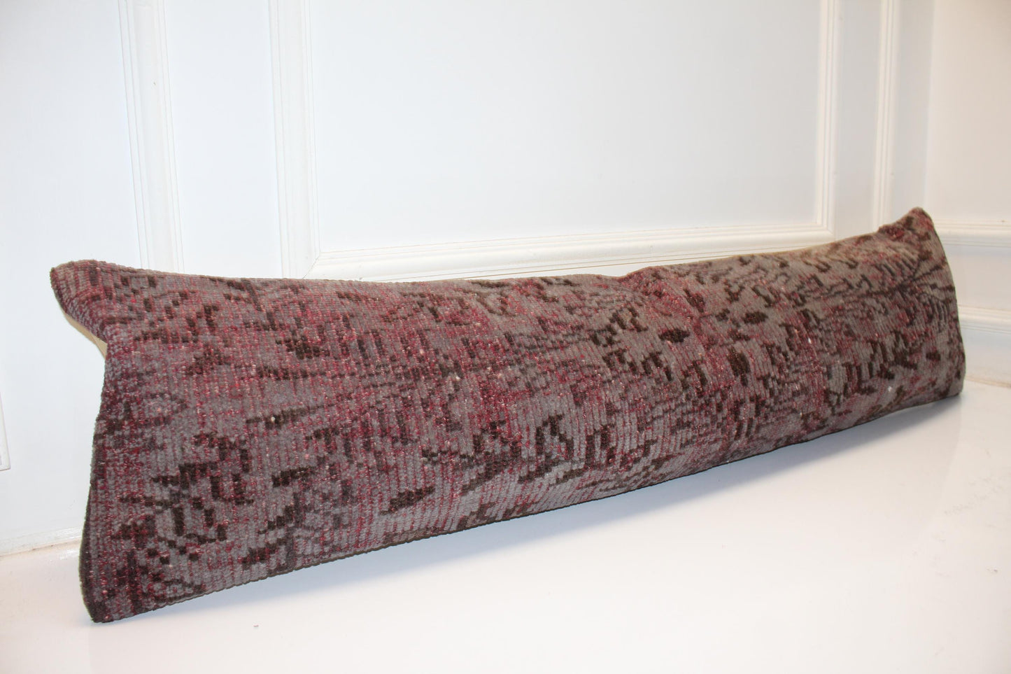 Muted Crimson Vintage Bench Pillow 12x48, Distressed Rug Lumbar Cushion