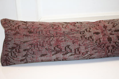 Muted Crimson Vintage Bench Pillow 12x48, Distressed Rug Lumbar Cushion