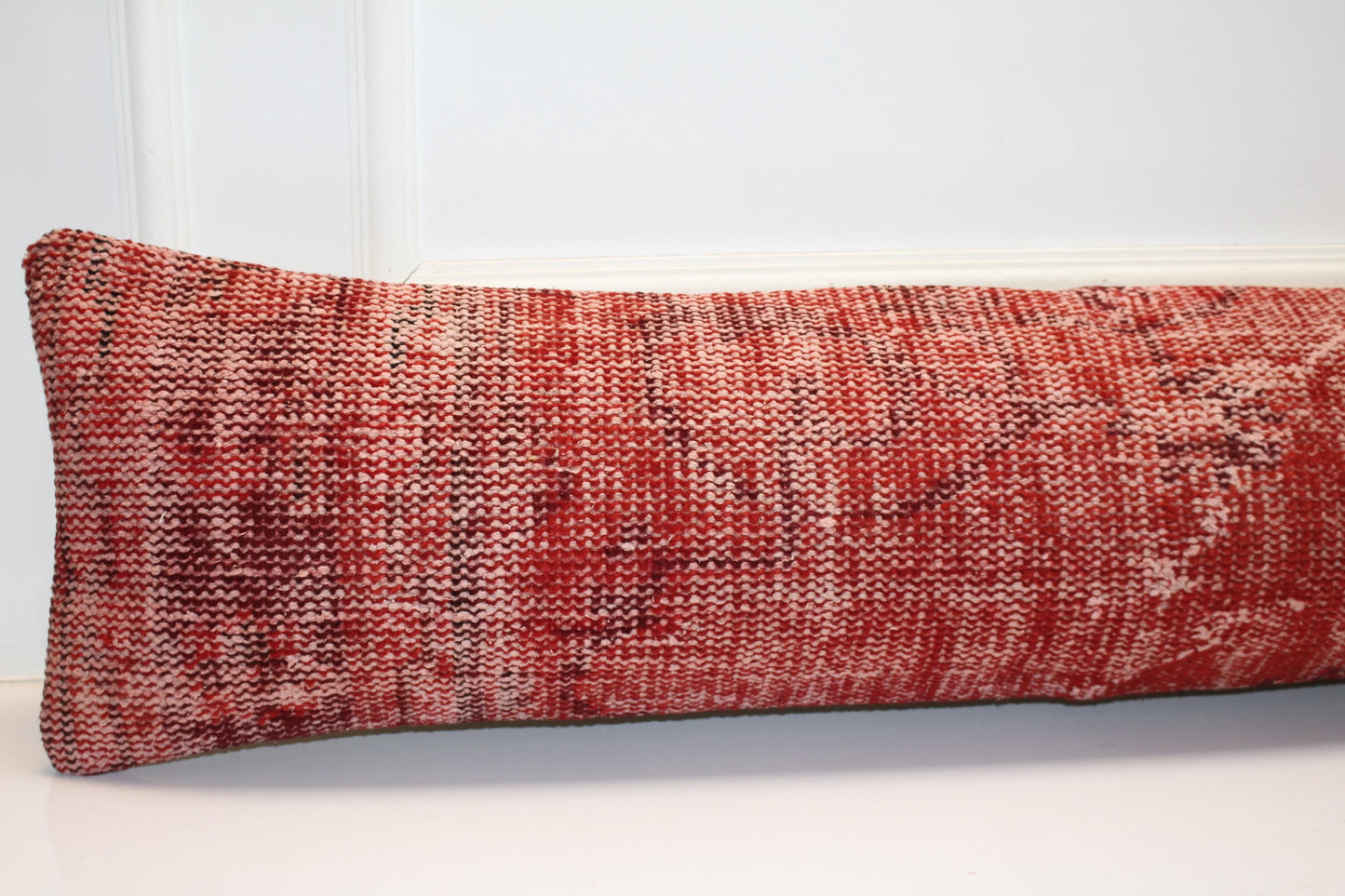 Vintage Turkish Kilim Bench Pillow, Red Overdyed Lumbar Cushion (12x48)