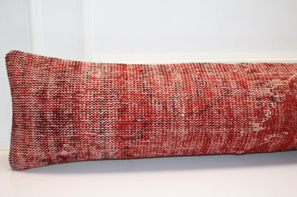 Vintage Turkish Kilim Bench Pillow, Red Overdyed Lumbar Cushion (12x48)
