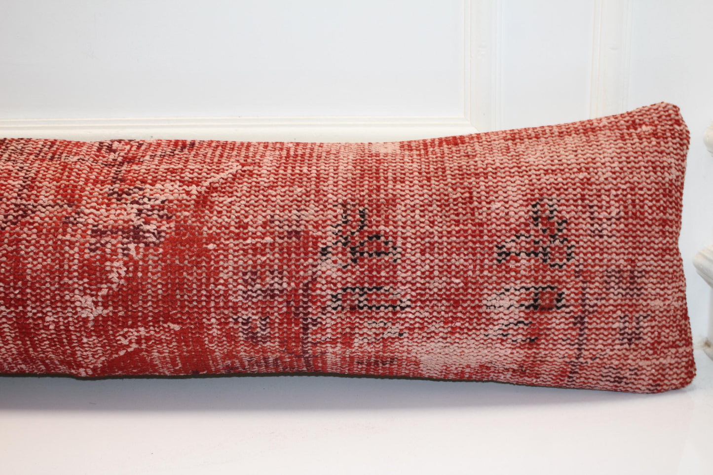 Vintage Turkish Kilim Bench Pillow, Red Overdyed Lumbar Cushion (12x48)