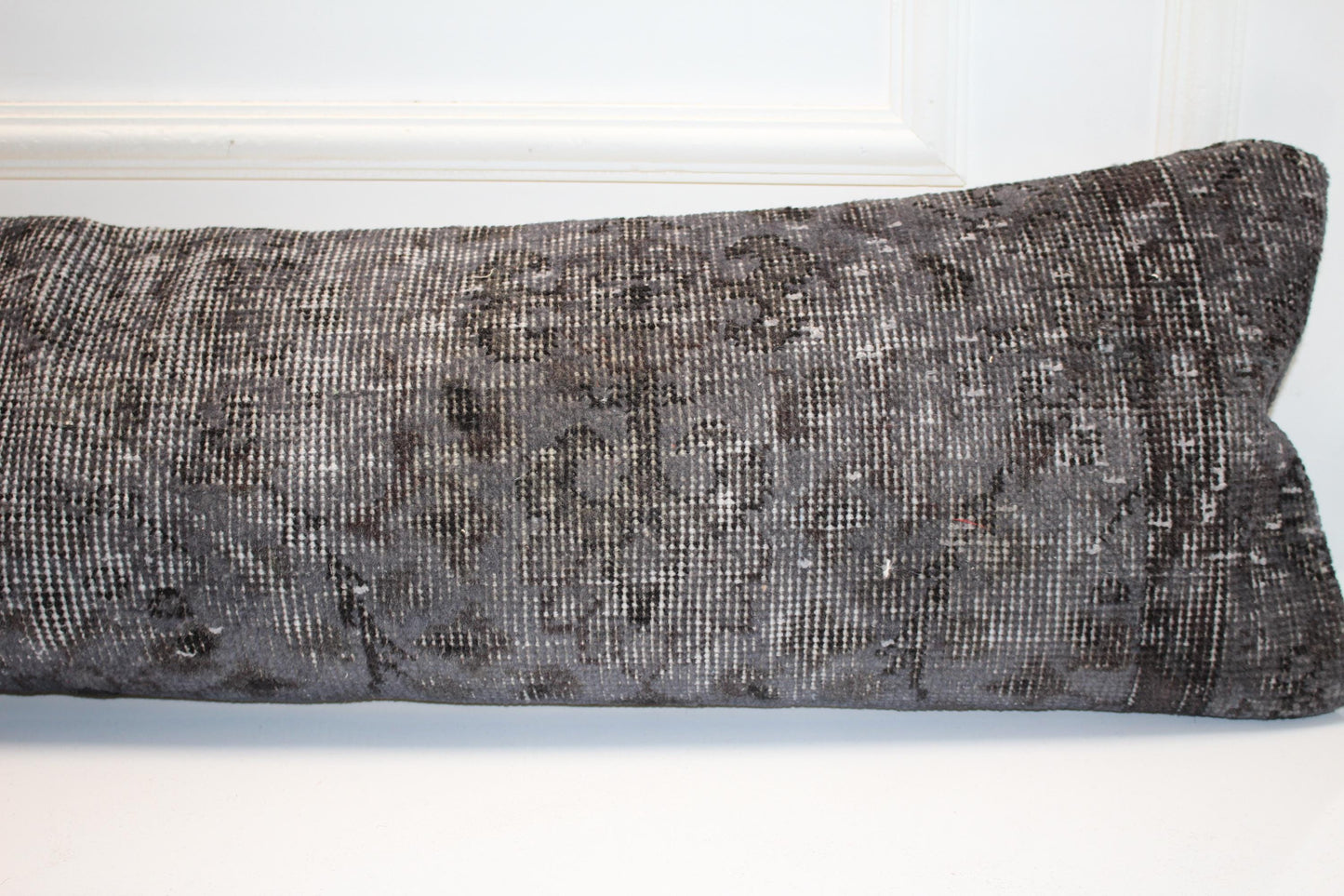 Charcoal Vintage Turkish Rug Bench Pillow 12x48, Dark Gray Kilim Lumbar Cushion