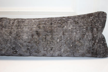 Charcoal Vintage Turkish Rug Bench Pillow 12x48, Dark Gray Kilim Lumbar Cushion