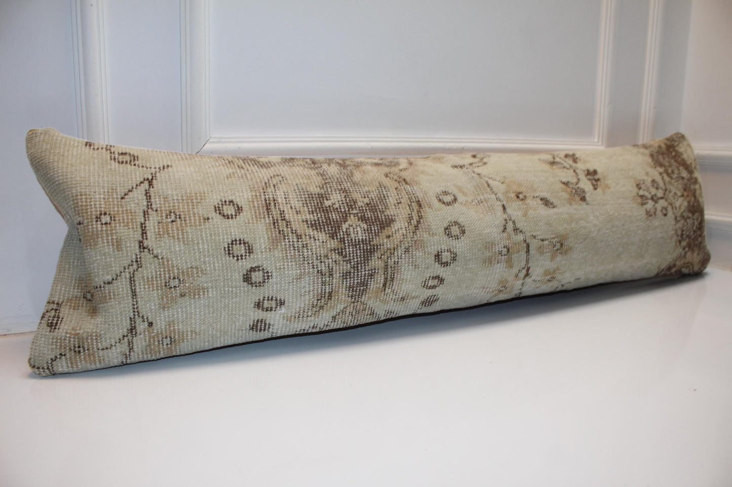 Vintage Turkish Kilim Lumbar Pillow, Ivory Cream Bench Cushion