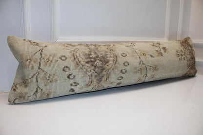 Vintage Turkish Kilim Lumbar Pillow, Ivory Cream Bench Cushion