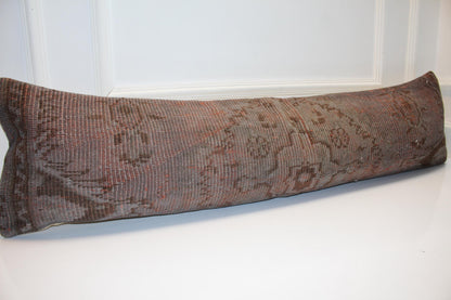 Rust Vintage Turkish Rug Bench Pillow 12x48, Earth Tone Kilim Lumbar Cushion