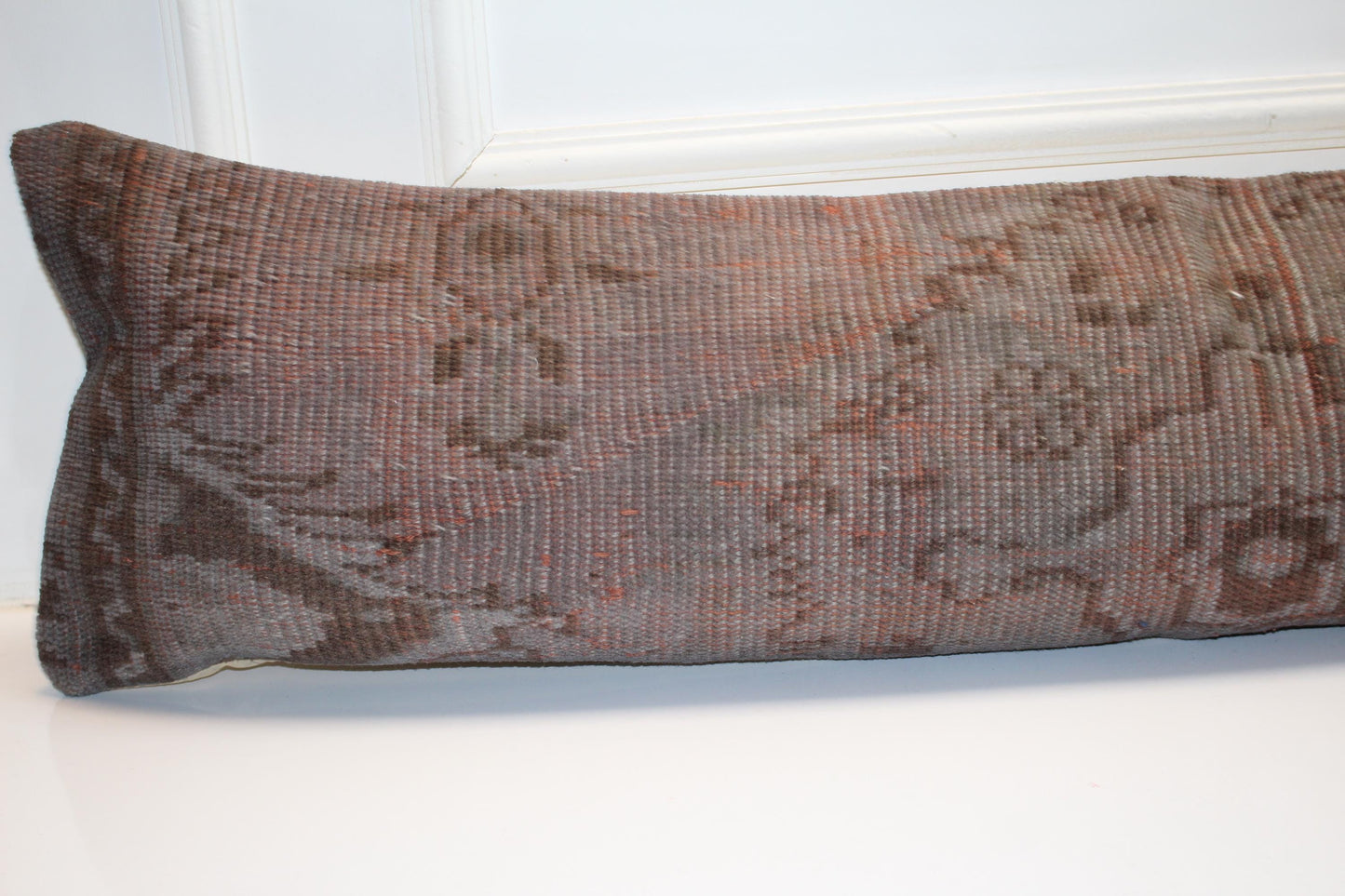 Rust Vintage Turkish Rug Bench Pillow 12x48, Earth Tone Kilim Lumbar Cushion