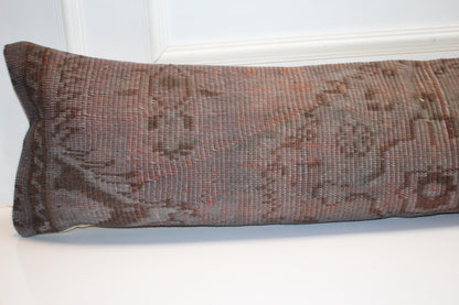 Rust Vintage Turkish Rug Bench Pillow 12x48, Earth Tone Kilim Lumbar Cushion