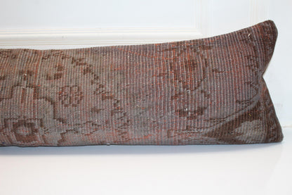 Rust Vintage Turkish Rug Bench Pillow 12x48, Earth Tone Kilim Lumbar Cushion