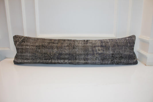 Antique Gray Turkish Rug Bench Pillow 12x48, Distressed Kilim Lumbar Cushion, Long Vintage Bench
