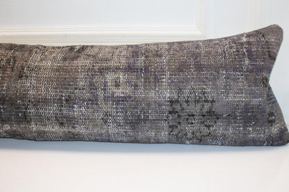 Antique Gray Turkish Rug Bench Pillow 12x48, Distressed Kilim Lumbar Cushion, Long Vintage Bench