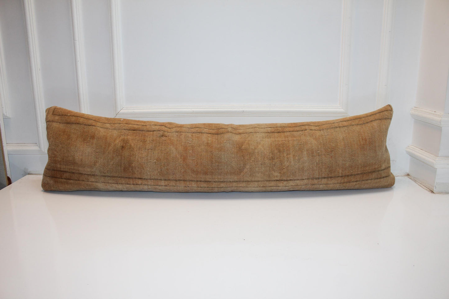 Camel Vintage Turkish Rug Bench Pillow 12x48, Warm Tan Kilim Lumbar Cushion