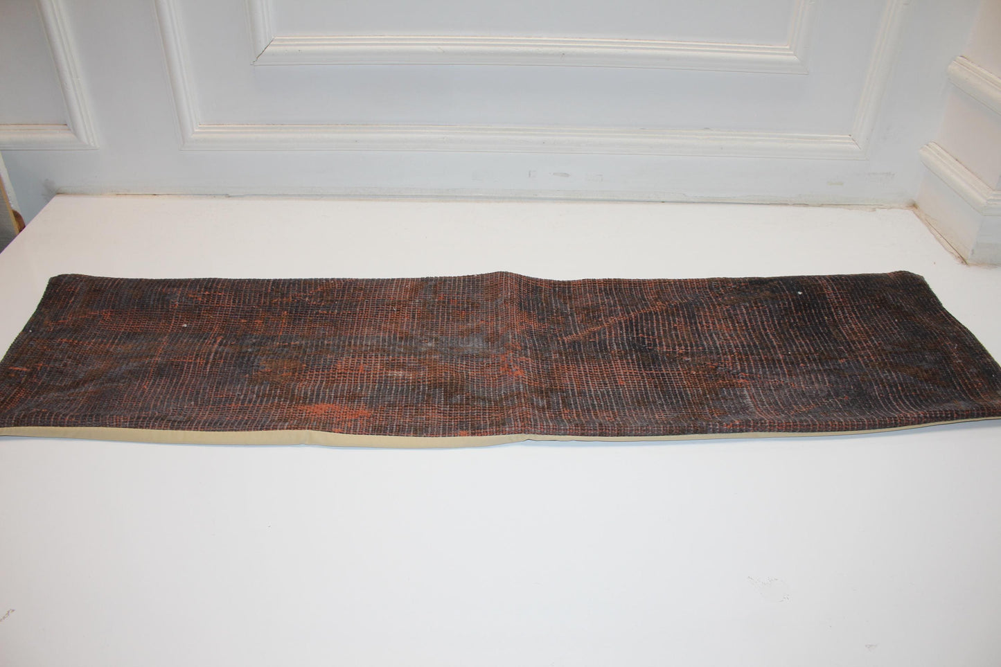 Burnt Orange Vintage Turkish Rug Bench Pillow 12x48, Dark Rust Kilim Lumbar Cushion