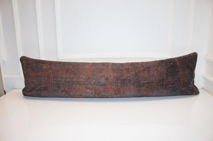 Burnt Orange Vintage Turkish Rug Bench Pillow 12x48, Dark Rust Kilim Lumbar Cushion