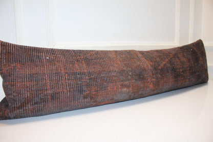 Burnt Orange Vintage Turkish Rug Bench Pillow 12x48, Dark Rust Kilim Lumbar Cushion