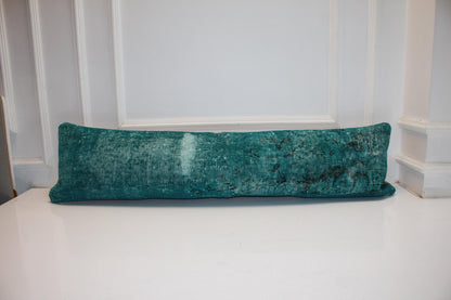 Emerald Vintage Turkish Rug Bench Pillow 12x48, Deep Teal Kilim Lumbar Cushion