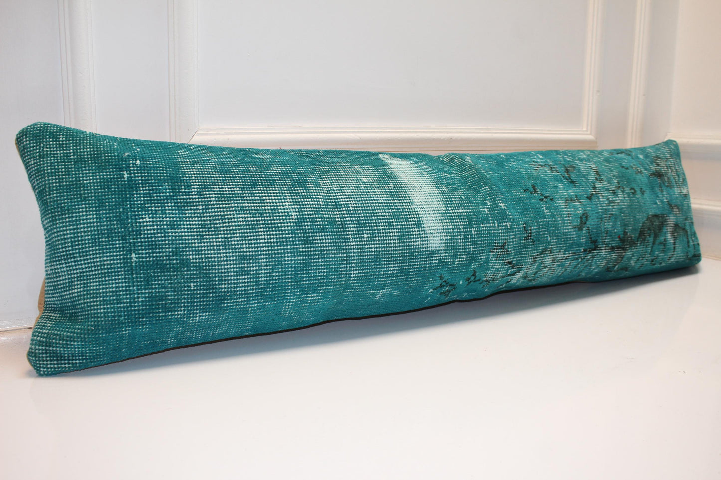 Emerald Vintage Turkish Rug Bench Pillow 12x48, Deep Teal Kilim Lumbar Cushion