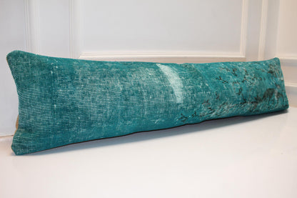 Emerald Vintage Turkish Rug Bench Pillow 12x48, Deep Teal Kilim Lumbar Cushion