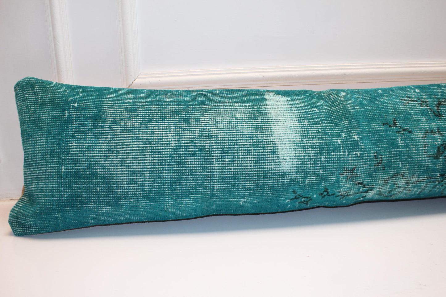 Emerald Vintage Turkish Rug Bench Pillow 12x48, Deep Teal Kilim Lumbar Cushion