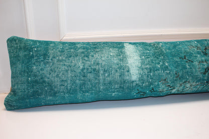 Emerald Vintage Turkish Rug Bench Pillow 12x48, Deep Teal Kilim Lumbar Cushion