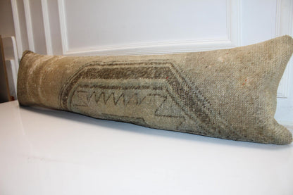 Neutral Vintage Turkish Rug Bench Pillow 12x48, Beige Kilim Lumbar Cushion